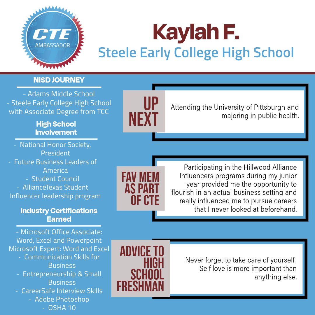 🎓Congrats to Class of '24 NISD CTE Ambassador KAYLAH F. | Business Mngt @steele_echs🌟Kaylah would like to recognize Coach Patti Hayes + Mrs. Sarah Zeballos for helping her become the person she is today with opportunities to showcase work + encouragement. Read about Kaylah⬇️