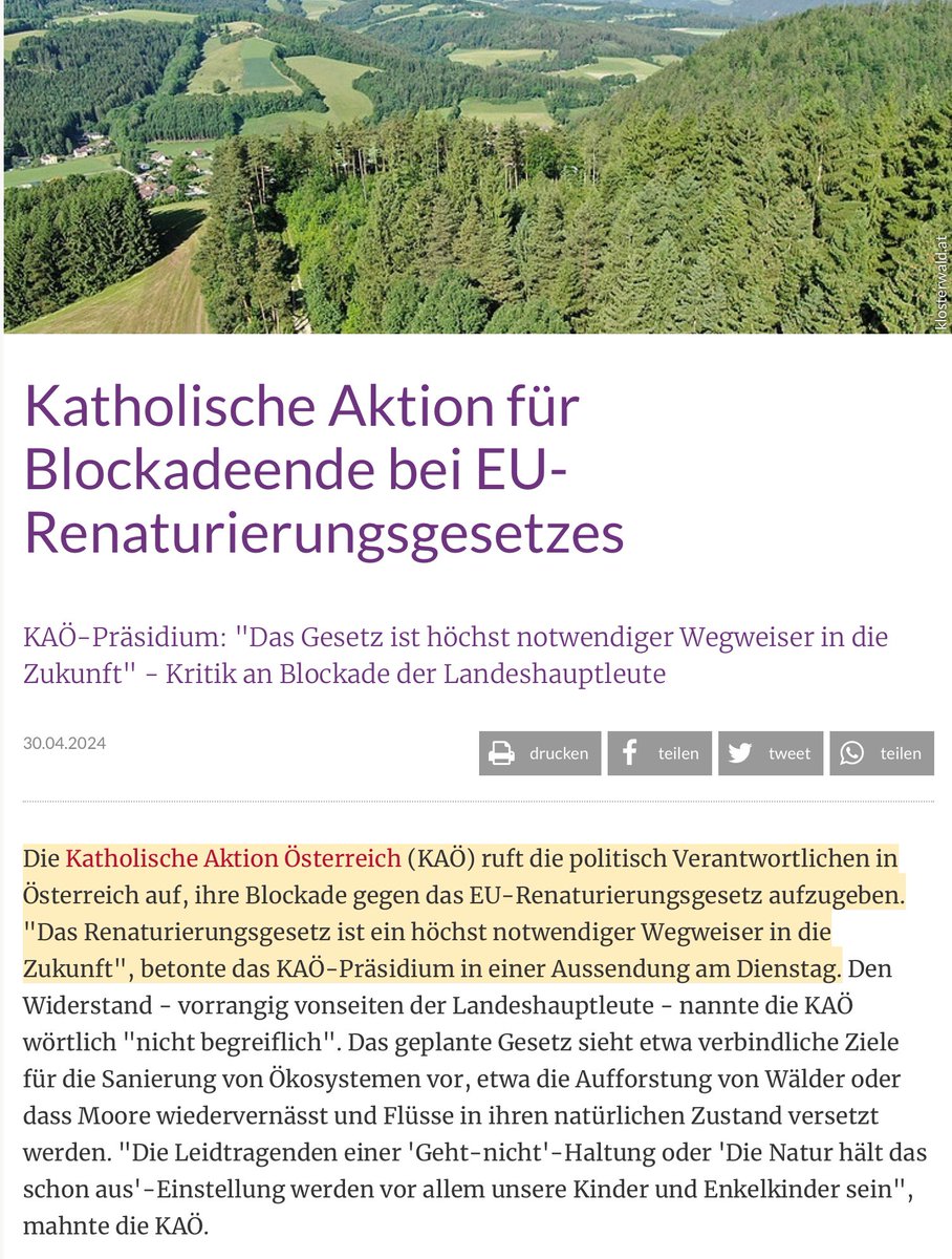 Die Katholische Aktion Österreich appelliert an die politisch Verantwortlichen, ihre Blockade des EU-Renaturierungsgesetzes aufzugeben: „Die Leidtragenden einer 'Geht-nicht'- oder 'Die Natur hält das schon aus'-Einstellung werden vor allem unsere Kinder und Enkelkinder sein.“