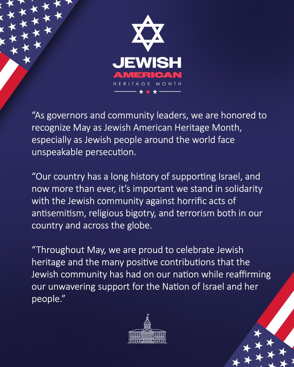 Today, I joined all Republican governors in issuing a statement in solidarity with the Jewish community and recognizing Jewish-American Heritage Month.