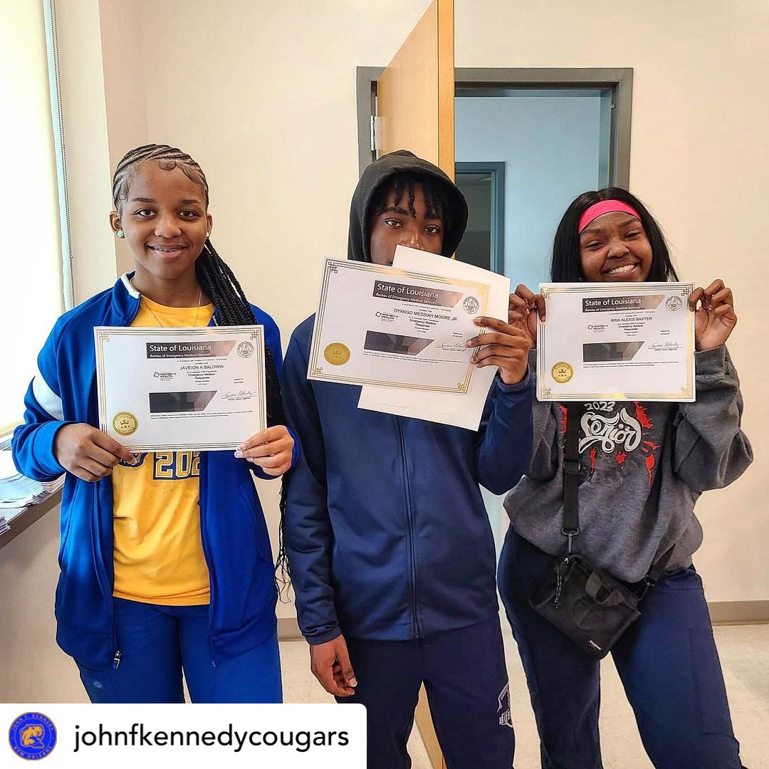 Join us in celebrating this #AttendTodayAchieveTomorrow moment!🤩 Congratulations to these JFK High School scholars for such a stellar achievement. 💙💛💫 #EXCELLENCE #NOLAPS • • • Drop some love for Javeion, Waun’ya, and Bonnie who all earned their level 1 EMR certifications…