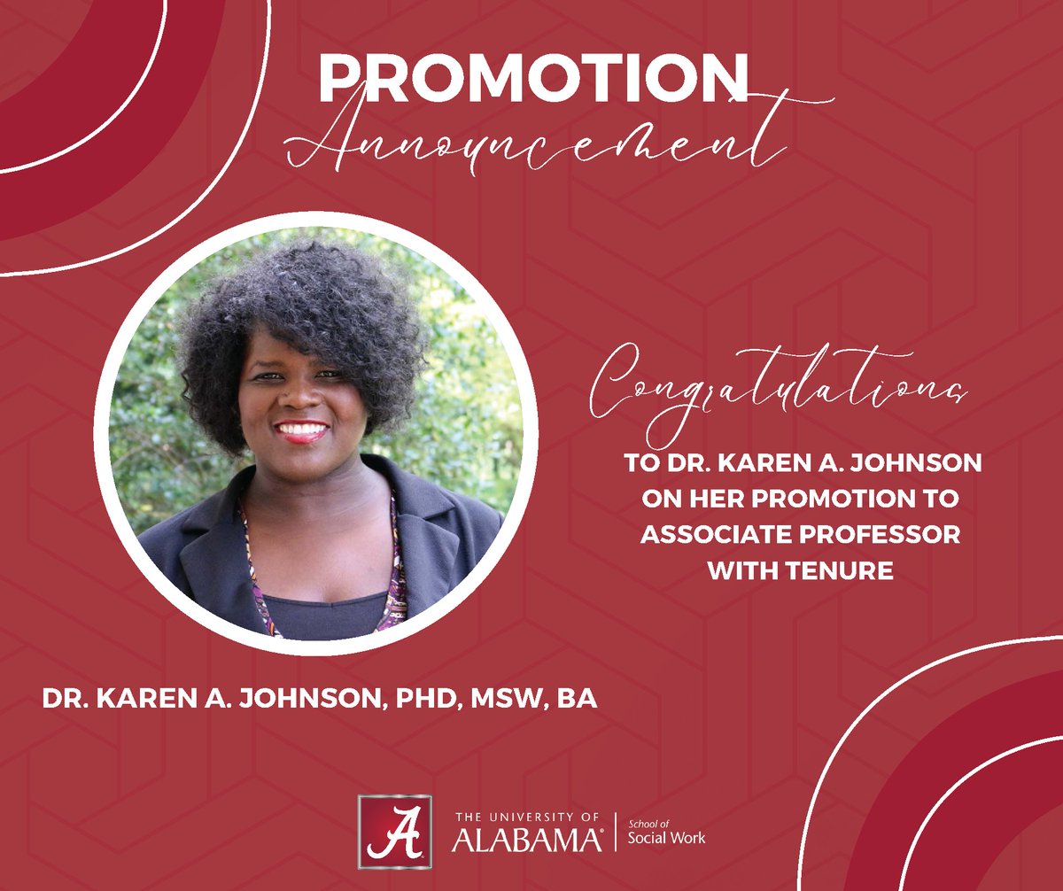 Congratulations to #UASSW's @DrKarenAJohnson on her #promotion to Associate Professor with tenure! 🎉 Dr. Johnson's dedication to excellence in teaching and research continues to #MakeADifference, and we're thrilled to celebrate this well-deserved achievement! #SocialWork