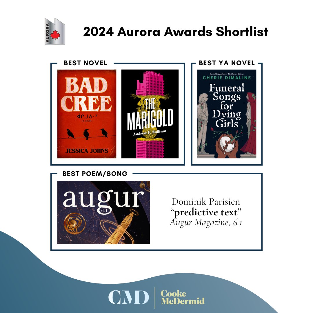 Huge congratulations to our FOUR authors — Jessica Johns, Andrew F. Sullivan, Cherie Dimaline, and Dominik Parisien — who have been shortlisted for the 2024 Aurora Awards!