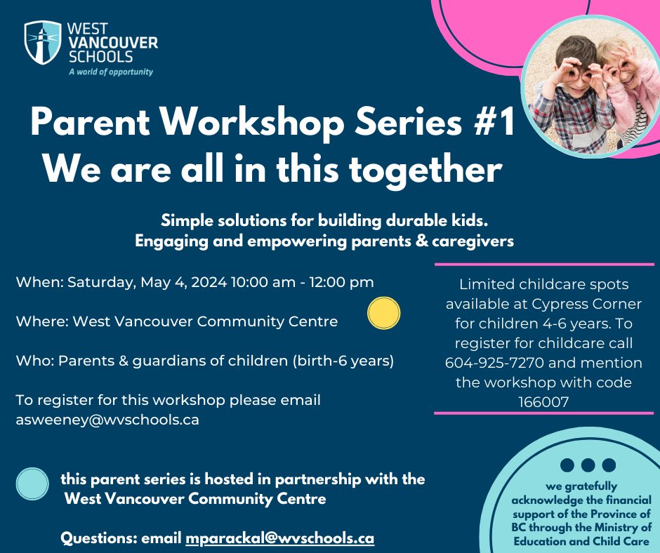 WestVanSchools (@westvanschools) on Twitter photo 🗣 Parent Workshop 🗣
Simple solutions for building durable kids. Engaging and empowering parents & caregivers.
📅 May 4
⏰ 10am - 12pm
📍 West Van Community Centre
👥 Parents/Guardians of children (0-6)
Register 👇
asweeney@wvschools.ca
Questions 👇
mparackal@wvschools.ca 🗣 Parent Workshop 🗣
Simple solutions for building durable kids. Engaging and empowering parents & caregivers.
📅 May 4
⏰ 10am - 12pm
📍 West Van Community Centre
👥 Parents/Guardians of children (0-6)
Register 👇
asweeney@wvschools.ca
Questions 👇
mparackal@wvschools.ca