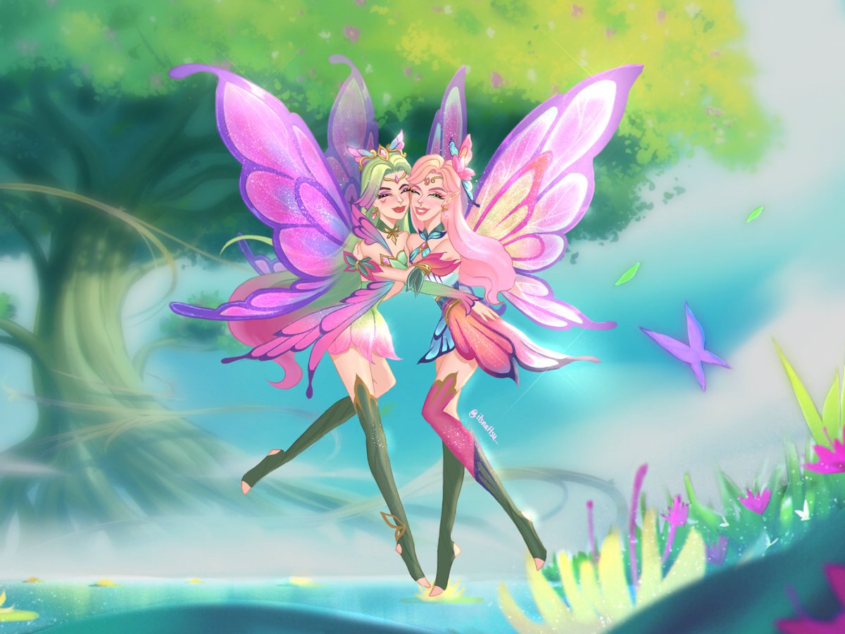 Summer faeries bestie yayy 🧚🏼‍♀️🧚🏻
°❀⋆🪷.ೃ࿔*:･
.
background : Ricardo 'Azulazuli' Coelho on Artstation 
.
#LeagueOfLegendsArt #LeagueOfLegends #Lux #Seraphine