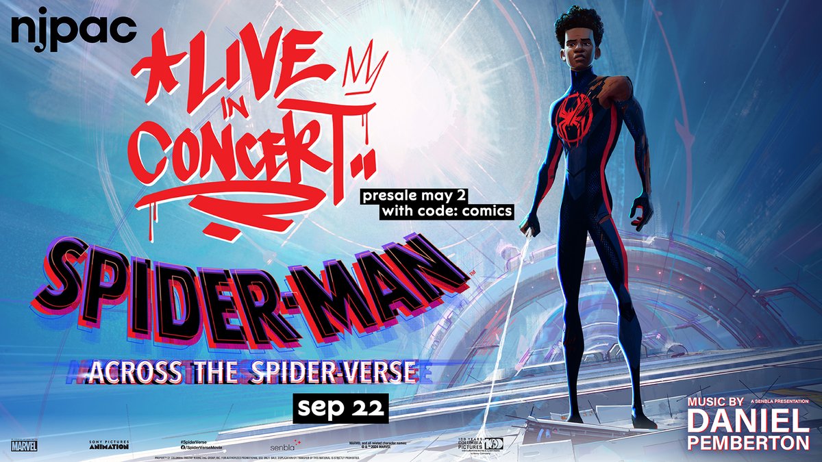 On 9/22, experience Spider-Man: Across the Spider-Verse like never before! Watch the epic animated film in HD on the big screen, accompanied by musicians performing the iconic soundtrack, live. Grab seats TOMORROW with presale code COMICS: bit.ly/njpacspider