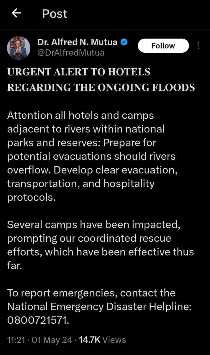 Licensed to construct tourist lodges on the bank of water bodies in the Maasai Mara River and Mara areas within thr North Conservancy.

Now flooded and evacuated, with line minister offering some Kavaluku sense to drown.