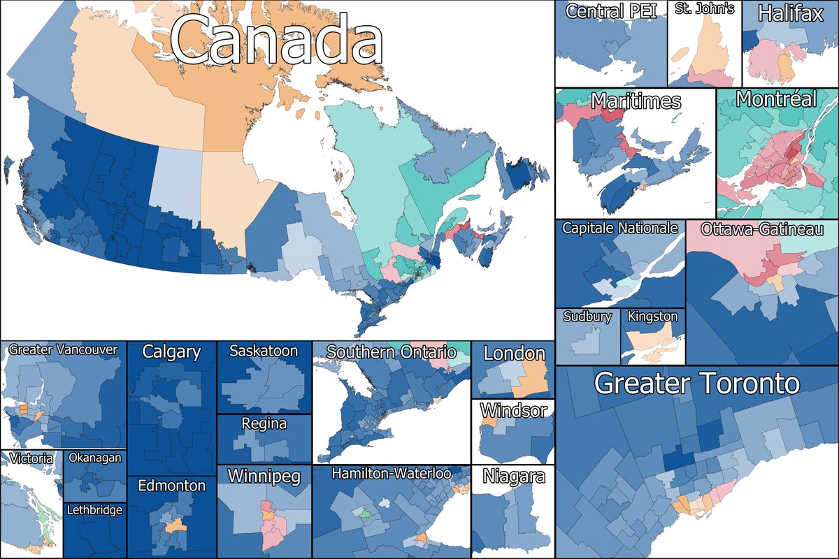 Latest Leger Poll mapped out CON: 240 seats (+121) LIB: 42 seats (-118) BQ: 35 seats (+3) NDP: 24 seats (-1) GRN: 2 seats (-) Conservative Supermajority Feel free to ask for any ridings