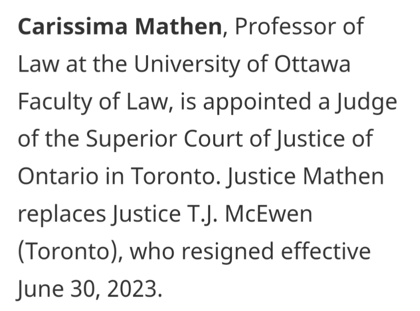 Congratulations to <a href="/cmathen/">CRM</a> for her (overdue) appointment to the bench. canada.ca/en/department-…
