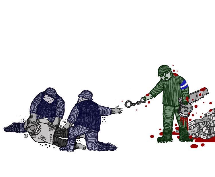 NYPD crack down on pro-Palestine student protesters.

By the Bahraini cartoonist Sara Qaed.