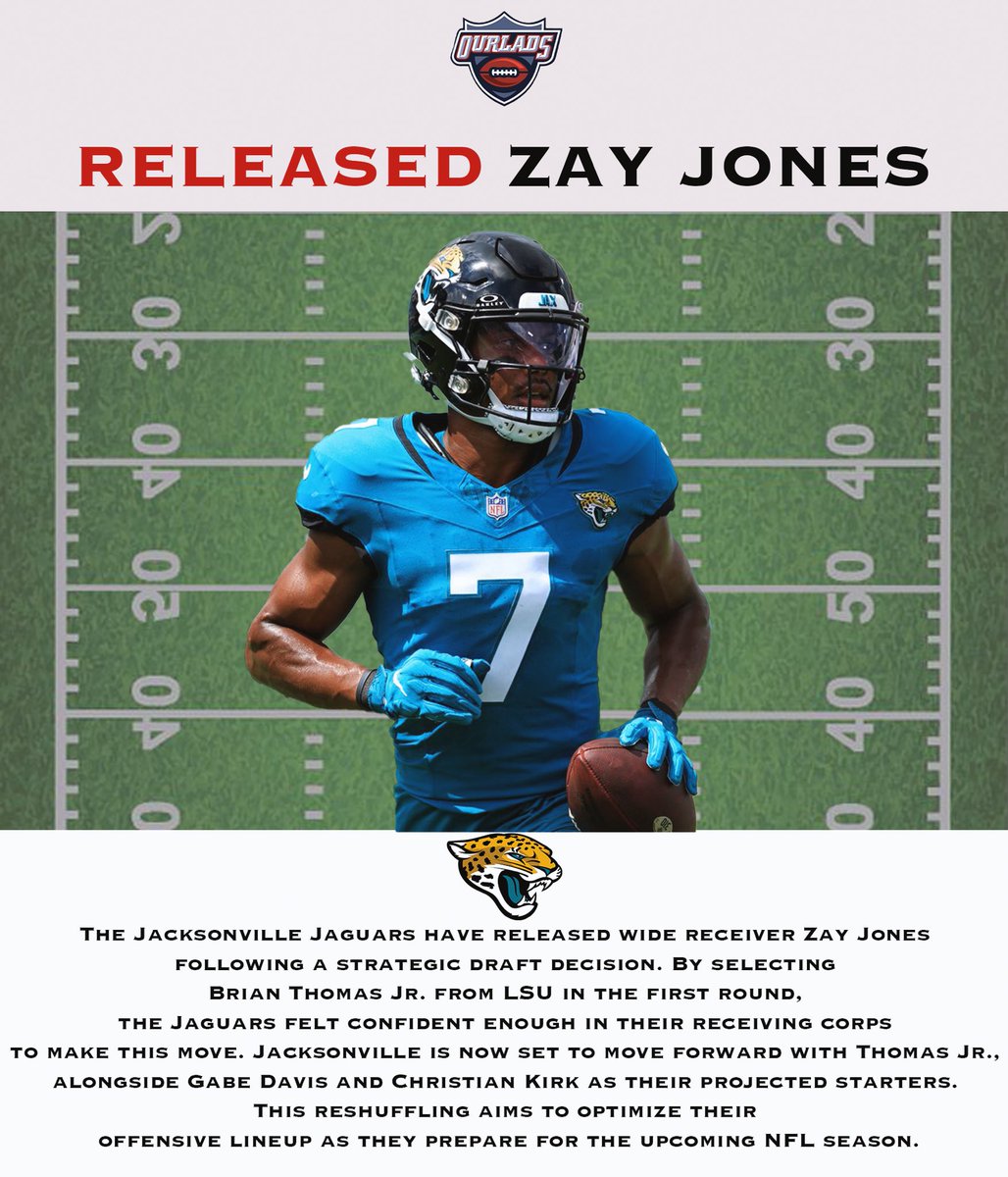 🚨 Roster Update: The #Jaguars have released WR Zay Jones following their first-round pick of LSU's Brian Thomas Jr. 🌟 Jacksonville is setting the field with Thomas Jr., Gabe Davis, and Christian Kirk leading the charge. Exciting times ahead! 🏈💥 #NFL #JacksonvilleJaguars