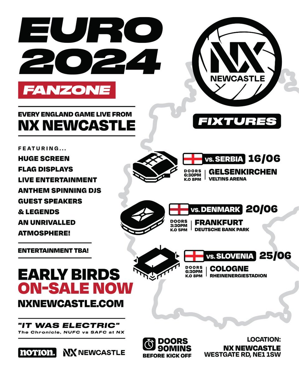 The return of the NX fanzone for EURO ‘24 showing all England games. 
All early birds now live via @TicketWebUK here: tinyurl.com/23xdfchd
*Competition/giveaway now live via Instagram. 

#NX #EURO2024 #Fanzone