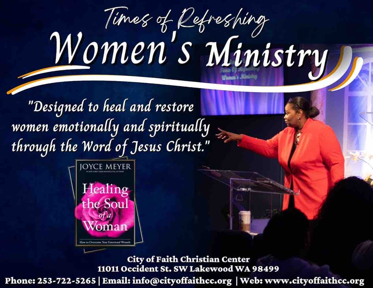 ✨👸📣ATTENTION WOMEN 📣👸✨Join First Lady Verndella Rogers TONIGHT Wed, May 1st @7PM. Her anointed teaching creates a safe place to heal, grow and transform into the powerful woman of God you were created to be. Address on flyer
#CityOfFaithChristianCenter #TimesofRefreshing