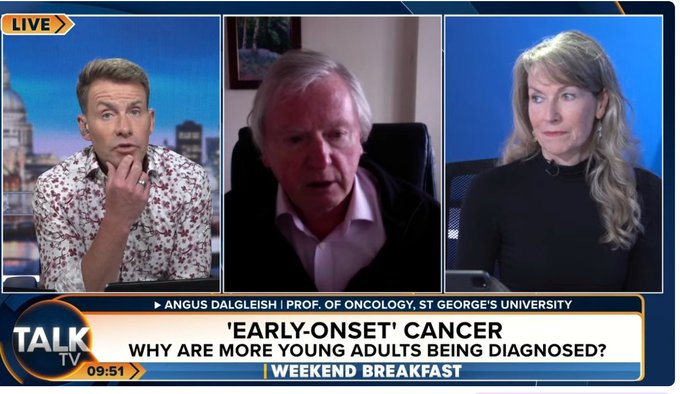 I wonder why this slipped under the radar? On 7 Apr @TalkTV presenters @drdavidbull & @DrHoenderkamp i/v'ed Prof of Oncology Angus Dalgleish. He blames the Covid vaccines for the rise in cancer, especially the young. The NHS told him to shut up. Scroll to 2:31:00 for the…