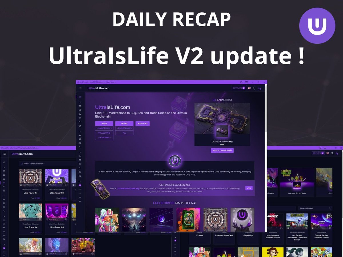 DAILY RECAP - 1ST MAY

🥳 V2 of the @_UltraIsLife marketplace is now available 👉 ultraislife.com

➡️ New Homepage, new Uniq Collections page, new Game Page, updated profile / creator page !

#GameOnUltra $UOS @ultra_io #Web3gaming #NFTs