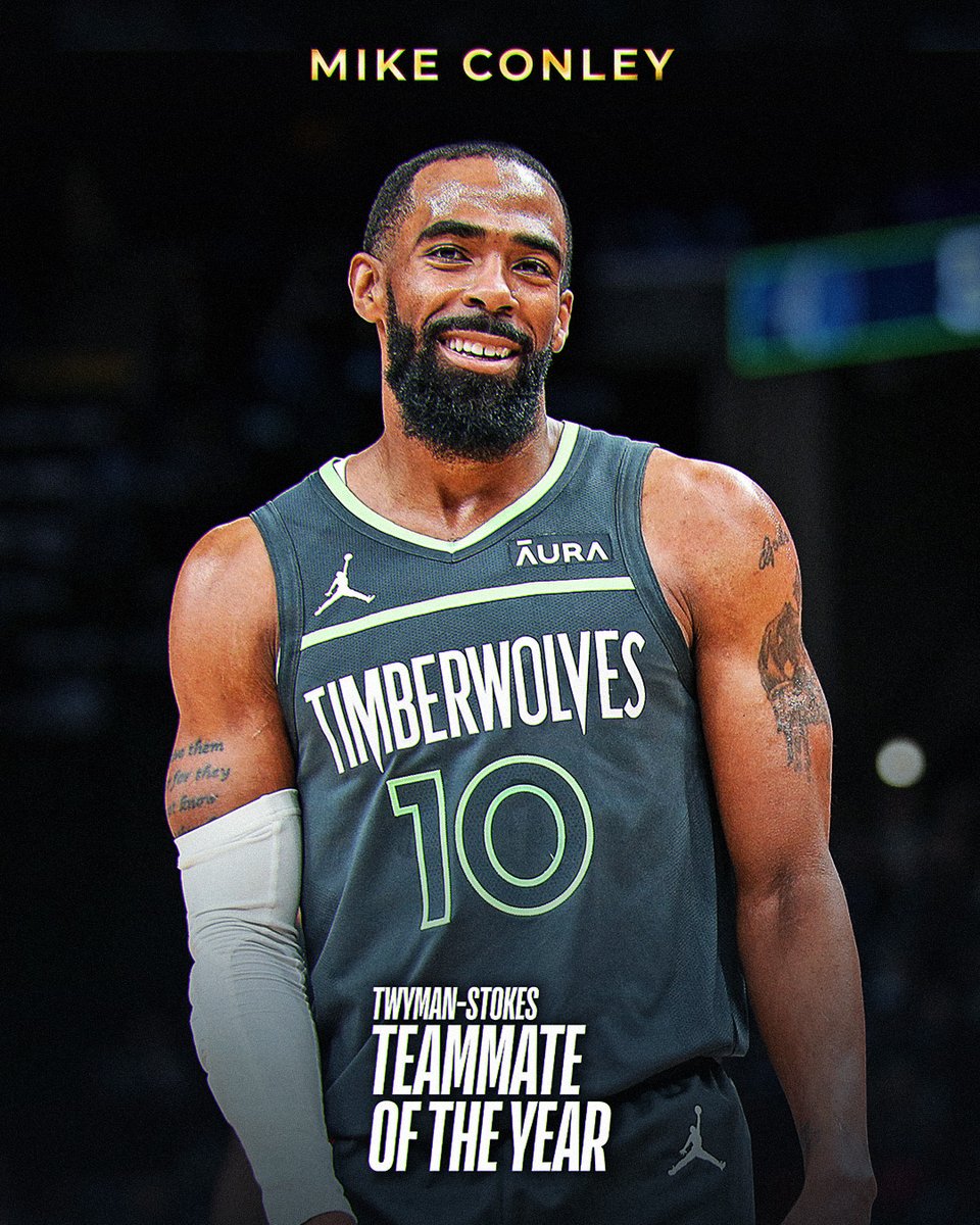 The 2023-24 Twyman-Stokes Teammate of the Year is... Mike Conley!

Conley receives the honor that recognizes the player deemed the best teammate based on selfless play, on & off court leadership as a mentor & role model to other NBA players, & commitment & dedication to team.…