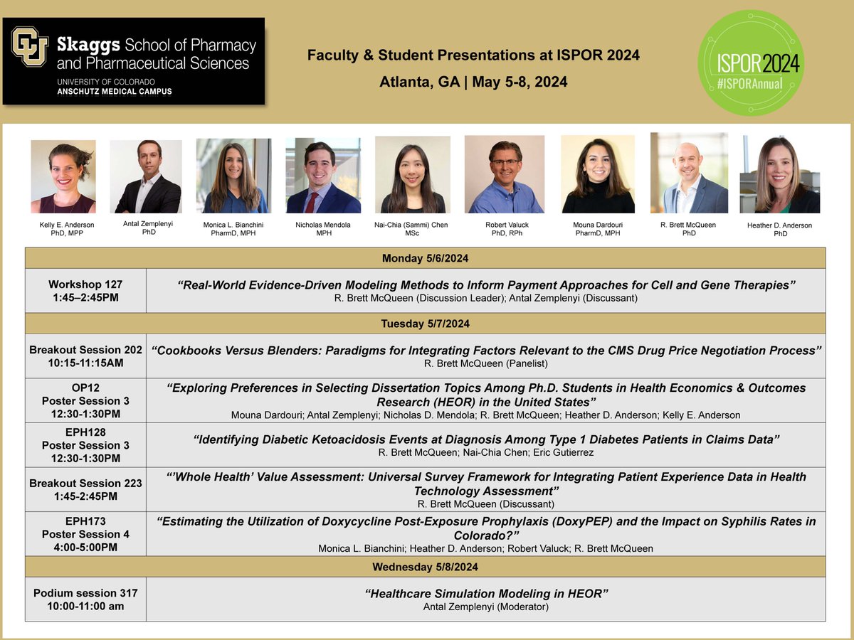 Looking forward to #ISPOR2024 in a few days. Check out the research of #CePOR faculty and students in the sessions below. I'm also happy to have coffee with any prospective PhD students interested in our PhD program (pharmacy.cuanschutz.edu/academics/phd-…) @CUPharmacy @brootmcq