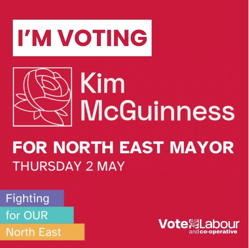 Make sure you use your 🗳️ tomorrow to elect @KiMcGuinness as our first North East Mayor. 

Kim is determined and passionate and, alongside the next Labour Government that we are working towards, will bring real positive change to our region #VoteLabour