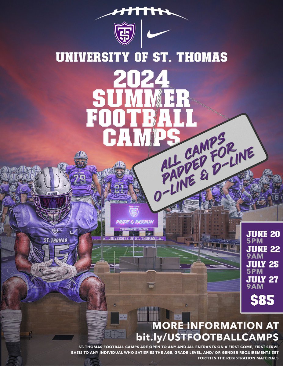 St. Thomas Football camps are a great way to come COMPETE and EARN IT! Get signed up today! 💻ustfootball.totalcamps.com/shop/EVENT #RollToms🟣⚪️⚫️🏈
