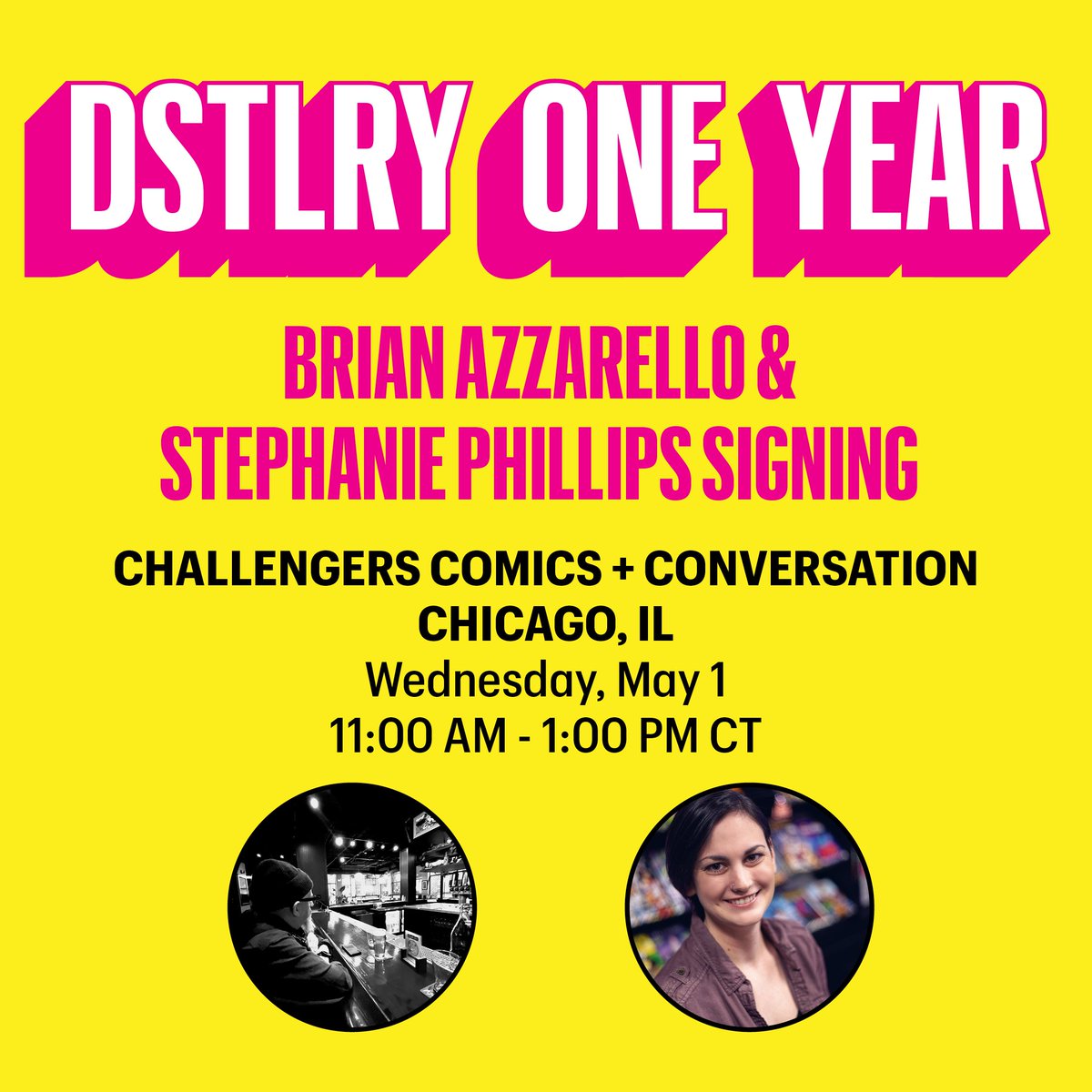 TODAY! Swing by CHALLENGERS Comics + Conversation for a signing with @Steph_Smash and @brianazzarello! Get your copy of The Blood Brothers Mother 🐎 (OUT TODAY) and The Devil's Cut 😈 🔪 signed and celebrate 1 Year of DSTLRY with us! 🎉