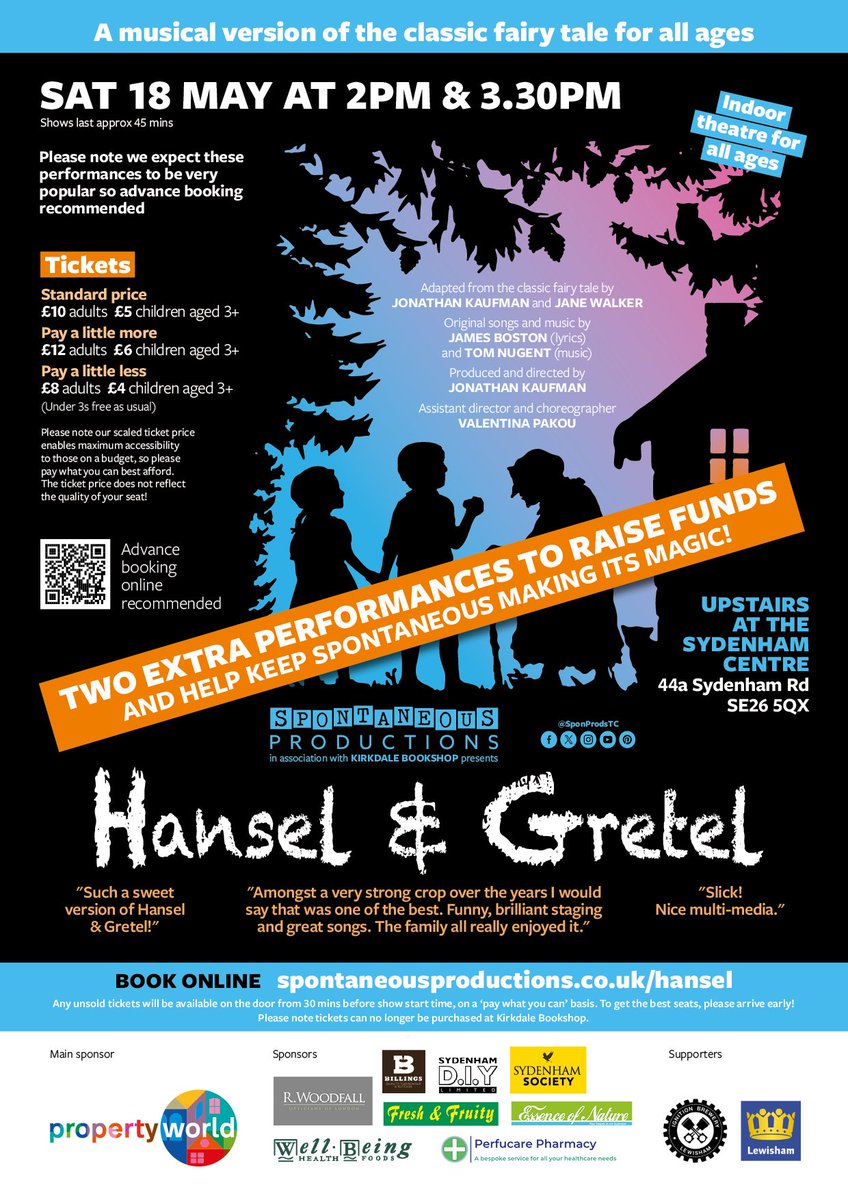 So Spring has sprung at last 🌷🌞😎🌻 & we're delighted to announce TWO EXTRA PERFORMANCES of our fabulous #familytheatreshow #HANSELANDGRETEL Sat 18 May at #TheSydenhamCentre Suitable for all this is a fundraiser to keep help SPTC afloat so book here now! spontaneousproductions.co.uk/events/hansel-…