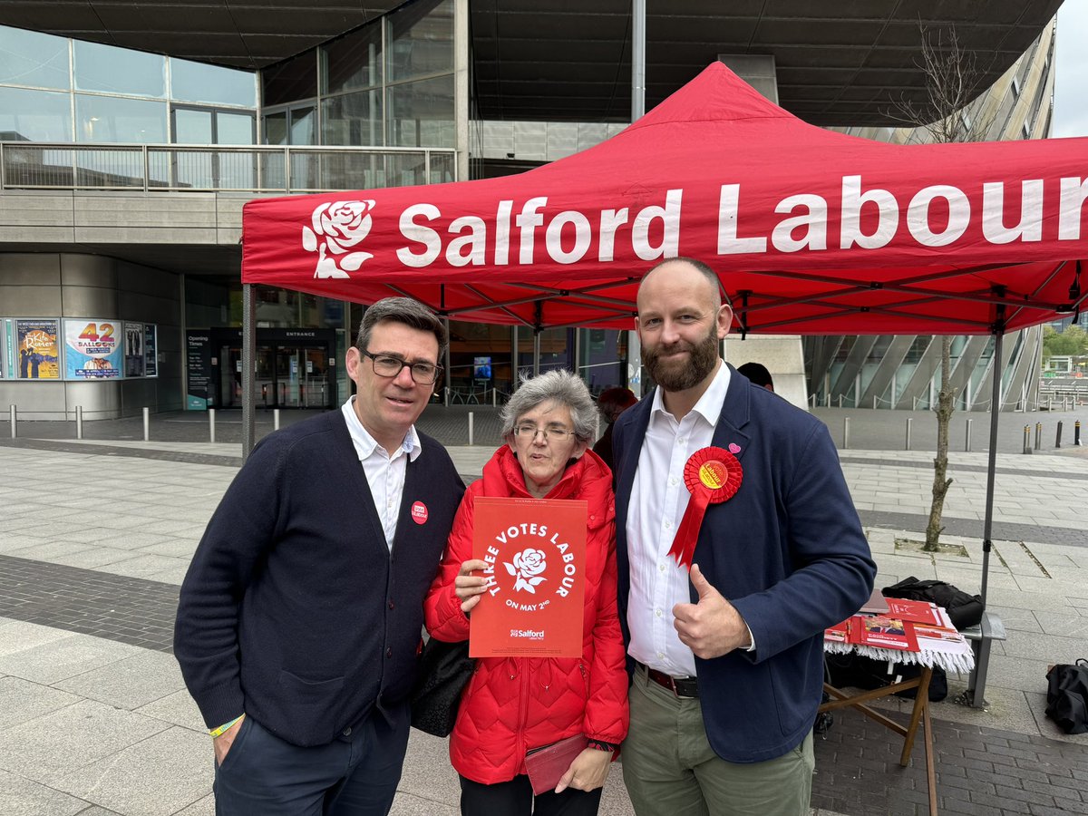 Great response for Labour candidates <a href="/AndyBurnhamGM/">Andy Burnham</a> <a href="/salford_mayor/">SalfordMayor</a> Paul Dennett, <a href="/QuaysLabour/">Salford Quays Labour</a> Liz McCoy and Maria Brabiner for Broughton this afternoon.

Use all three votes for Labour tomorrow

#VoteAndy
#VotePaul 
And #VoteMaria in Quays and #VoteMaria in Broughton