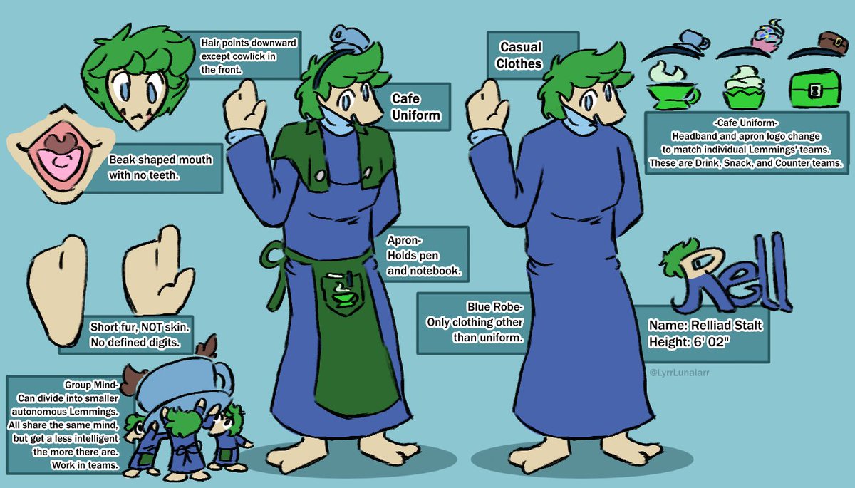 The Lemmings mood isn't as strong as yesterday, but I did manage to get a ref sheet put together for one! So, here's Rell! A somewhat shy guy that helps out with every job in Lyrr's cafe. Usually they're all together, but when things get busy they can split up to cover more work.