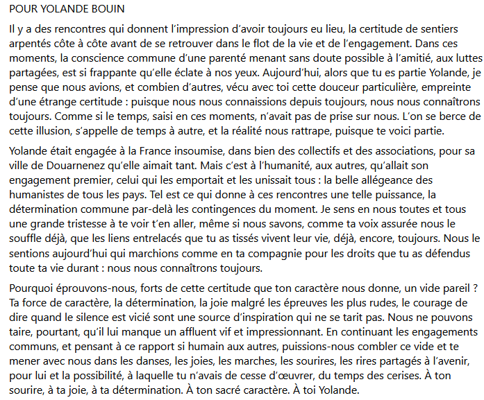 Hommage à Yolande Bouin.