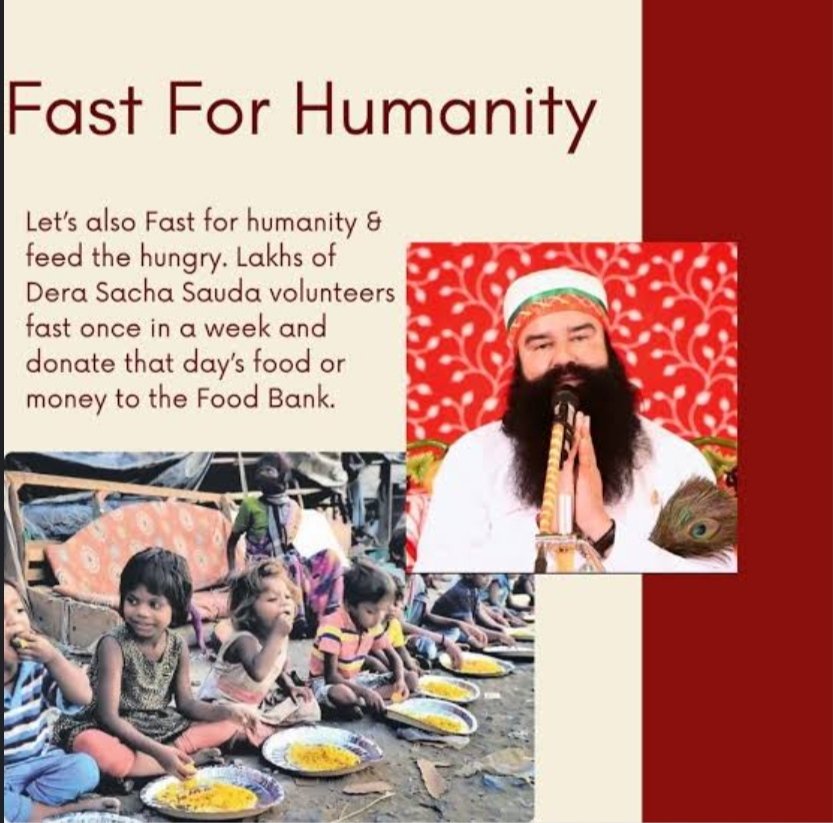 Riya1430587's tweet photo. Let’s also fast for humanity & feed the hungry. Lakhs of Dera Sacha Sauda volunteers fast once in a week and donate that day’s food or money to the Food Bank with the inspiration of Ram Rahim Ji.
#FastForHumanity https://t.co/TlyFpMiTi0