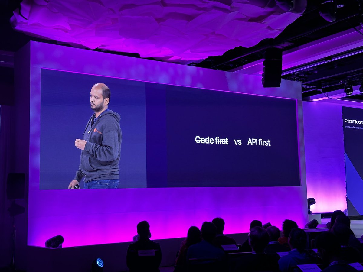 Postman CEO <a href="/a85/">Abhinav Asthana</a> on stage talking Code first vs API first #postcon