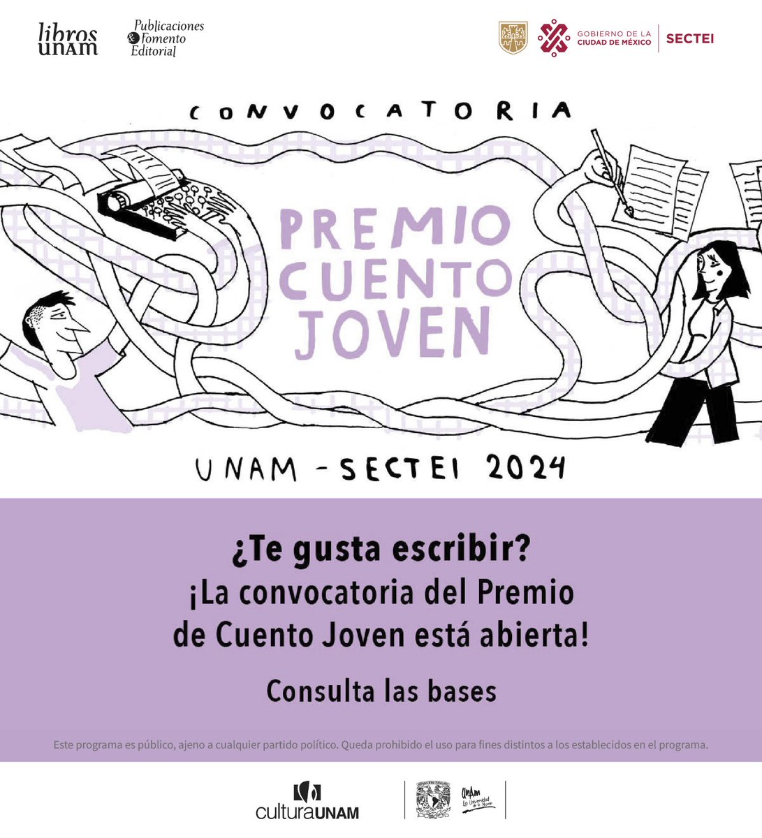 ✨ ¡Esta es la oportunidad de publicar tus relatos! Te invitamos a participar en la convocatoria Premio de Cuento Joven #UNAM-#SECTEI 2024. 🖊️ 🗓️ Fecha límite: 14 de junio. Bases y requisitos👇 libros.unam.mx/convocatoriaPr… @puic_unam @UNAM_MX