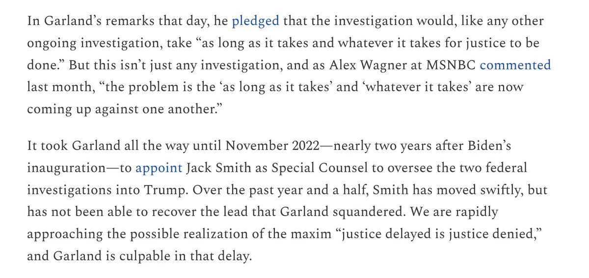 In our newsletter, we look back at our 3+ years of concern with Merrick Garland's hesitance to make powerful enemies, and how his approach to the Jan 6 investigations (bottom-up, delayed appt of Smith) helped get us here...the clock close to running out. therevolvingdoorproject.org/merrick-garlan…