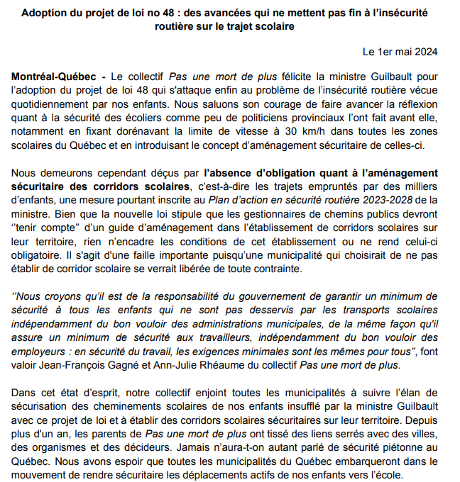 Le projet de loi 48 a été voté à l'unanimité ce matin. Merci à tous les parents qui ont participé aux mobilisations et qui continueront de le faire. Merci aussi à la ministre et aux députés. Voici notre réaction. @gguilbaultcaq @PietonsQuebec #polqc @e_grandmont @monsefderraji