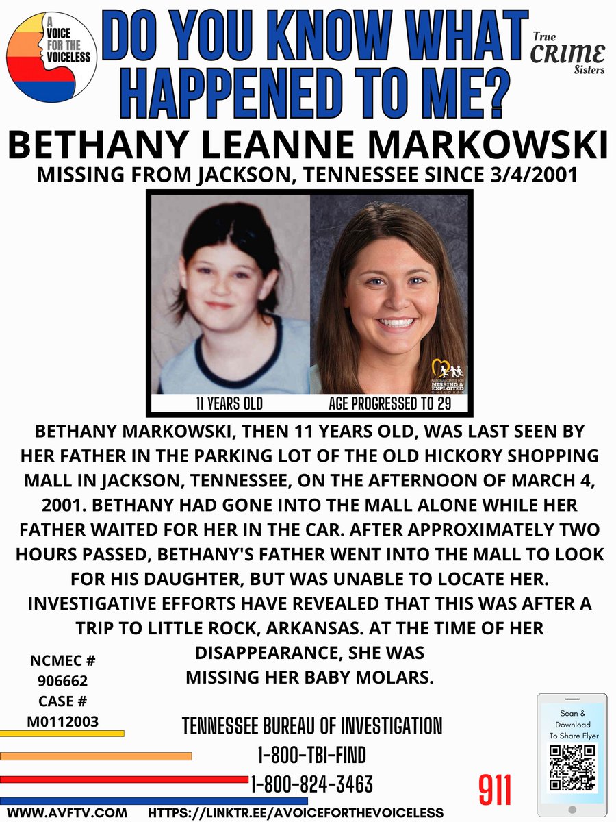 PLEASE‼️It only takes one second to share this #missingperson case. The willing and able can make a difference! 💙❤️🧡💛 #BethanyMarkowski, then 11 years old, was last seen by her father in the parking lot of the Old Hickory Shopping Mall in #Jackson, #Tennessee, on the