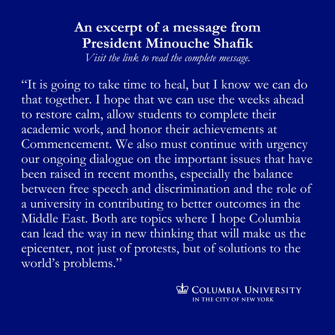 Message from President Minouche Shafik. Read the complete message: president.columbia.edu/news/message-p…