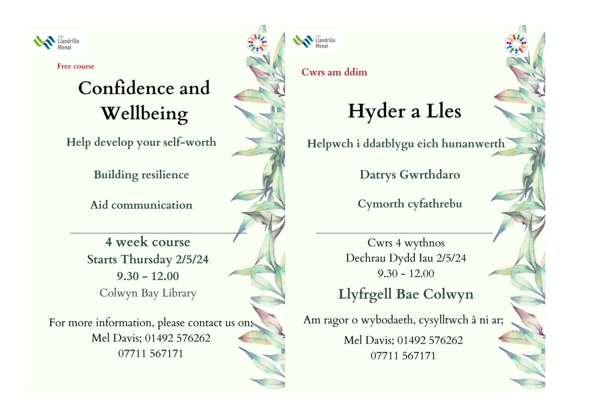 Confidence and Wellbeing Sessions at Colwyn Bay Library with @llandrillomenai ⬇️

📆 02/05/2024 
 📆09/05/2024 
 📆16/05/2024 
 📆 30/05/2024

⏰ Time start: 09.30am - 12:30pm

#LoveLibraries #LoveReading
