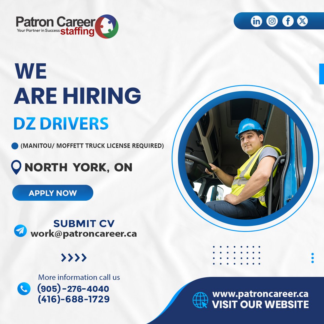 👷We Are Hiring DZ Drivers

✅Full-Time Job
✅Location: North York, ON

Apply Today: patroncareer.ca/Job_Apply_Form…

Call Now:
(905)-276-4040
Email Your CV: work@patroncareer.ca

#wearehiring #canada #northyork #dzdriver #forkliftoperator #driverjobs #jobsinpickering #jobseekers