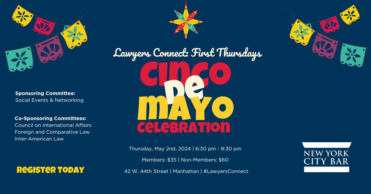Connect with other legal professionals at our early Cinco de Mayo celebration, featuring a live mariachi band, a taco bar, churros, specialty drinks, and more! Capacity is limited: register now to secure your spot ➡️ bit.ly/4aCmb73 #CincodeMayo