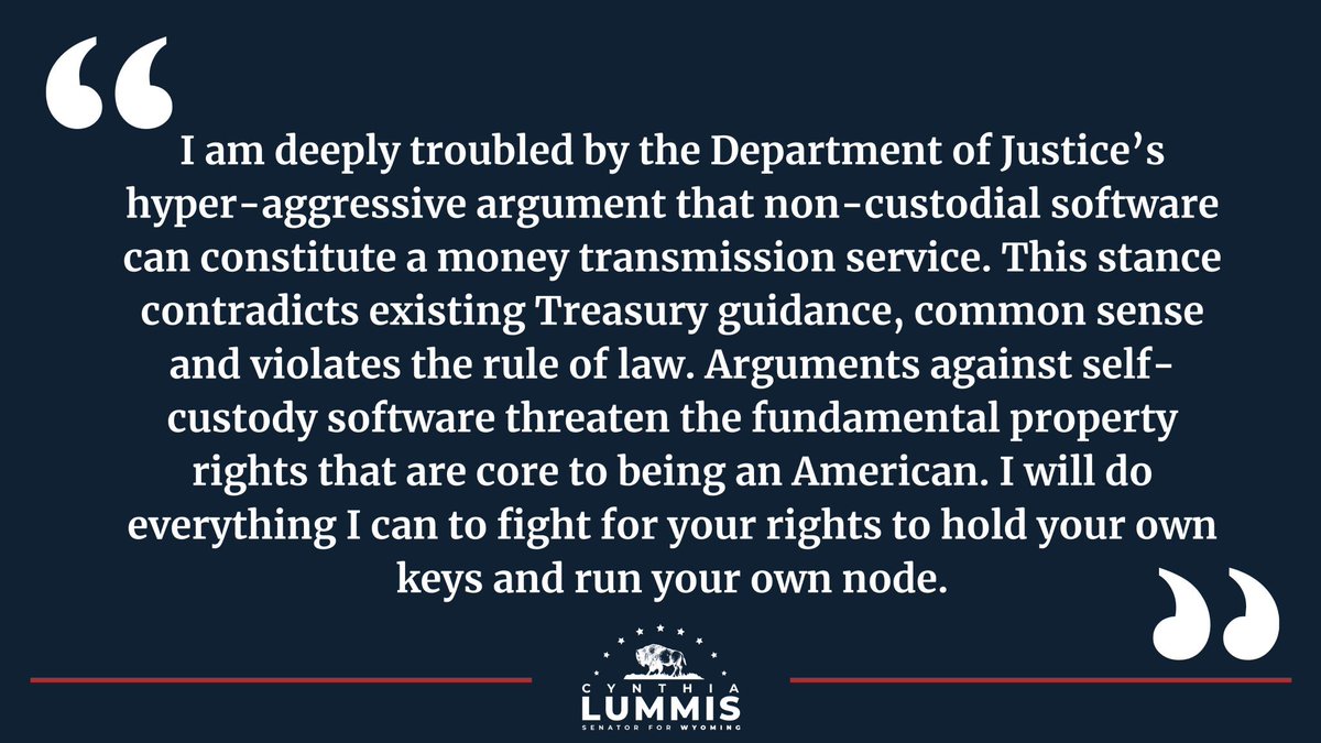 JUST IN: 🇺🇸 US Senator Cynthia Lummis says she is concerned by the Biden administration's attack on #Bitcoin and decentralized finance. 'I will do everything I can to fight for your rights to hold your own keys and run your own node.'