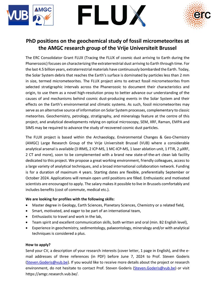 📢 Job opportunity!
Several PhD positions available at the @AMGC_VUB research group of the @VUBrussel on #ERC Consolidator Grant project FLUX to work with me on fossil micrometeorites ☄️
Deadline 07/06/202
Details on the European Association of Geochemistry job page.
