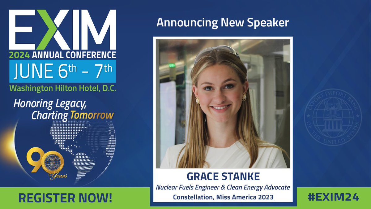 Thrilled to announce 2023 @MissAmerica & Clean Energy Advocate @Grace_Stanke will be joining us at the #EXIM24 Conference on June 6-7th in Washington, DC.

Register NOW for invaluable insights from CEOs, industry leaders & govt officials around the world: bit.ly/4a3zddh