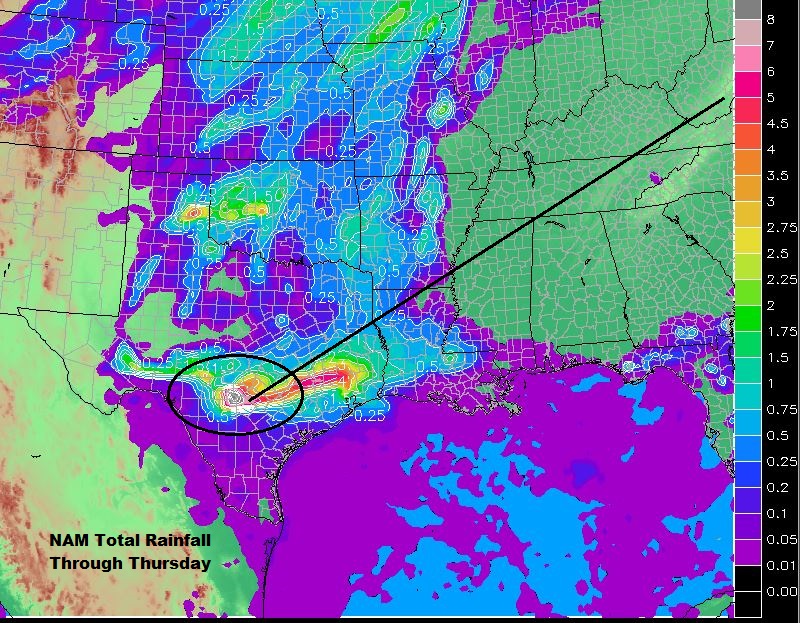 This is interesting. Latest NAM model run has a flash flooding signal overlapping our viewing area including some of Bexar County. This model run has scattered storms that merge into clusters overnight. Some could be nearly stationary for a time This is worth watching as a…