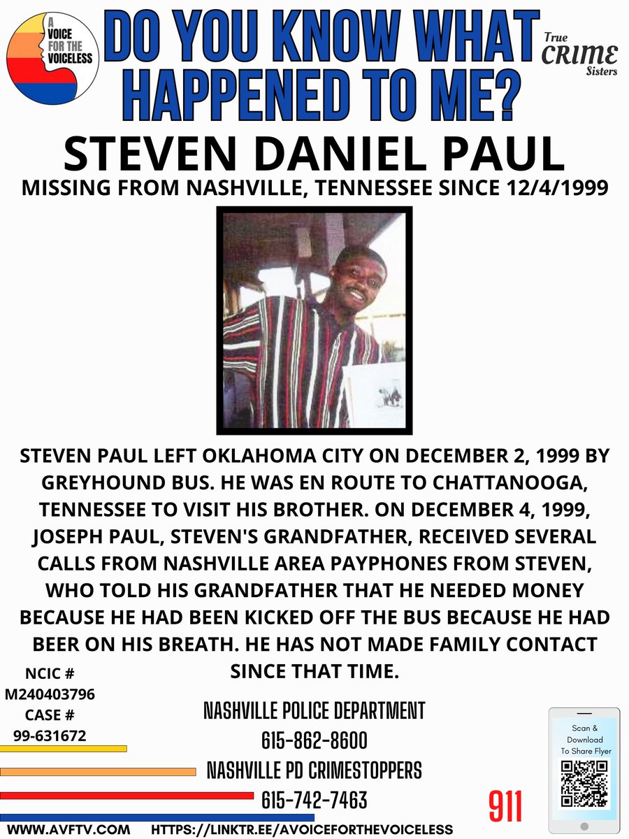PLEASE‼️It only takes one second to share this #missingperson case.  The willing and able can make a difference!  💙❤️🧡💛
#StevenPaul left #OklahomaCity on December 2, 1999 by Greyhound bus. He was en route to #Chattanooga, #Tennessee to visit his brother. On December 4, 1999,
