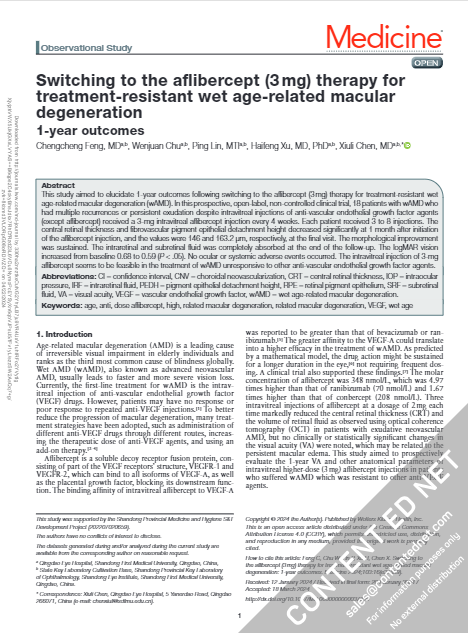 DanniReprints's tweet image. New reprints for #Eylea:  Switching to the aflibercept (3 mg) therapy for treatment-resistant wet age-related macular degeneration: 1-year outcomes  @regeneron #wetAMD