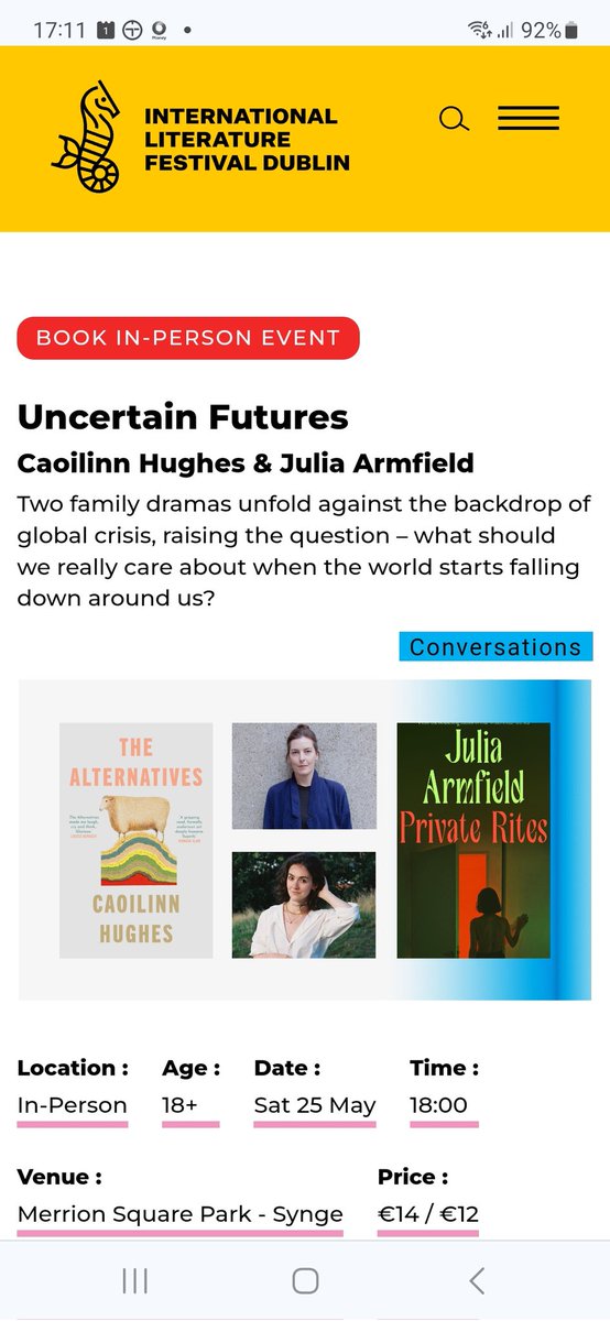 I'll be chairing this @ILFDublin event with the so-excellent @JuliaArmfield Julia Armfield & @CaoilinnHughes Caoilinn Hughes on 25 May: very much looking forward. Come too! #Dublin #books #festival