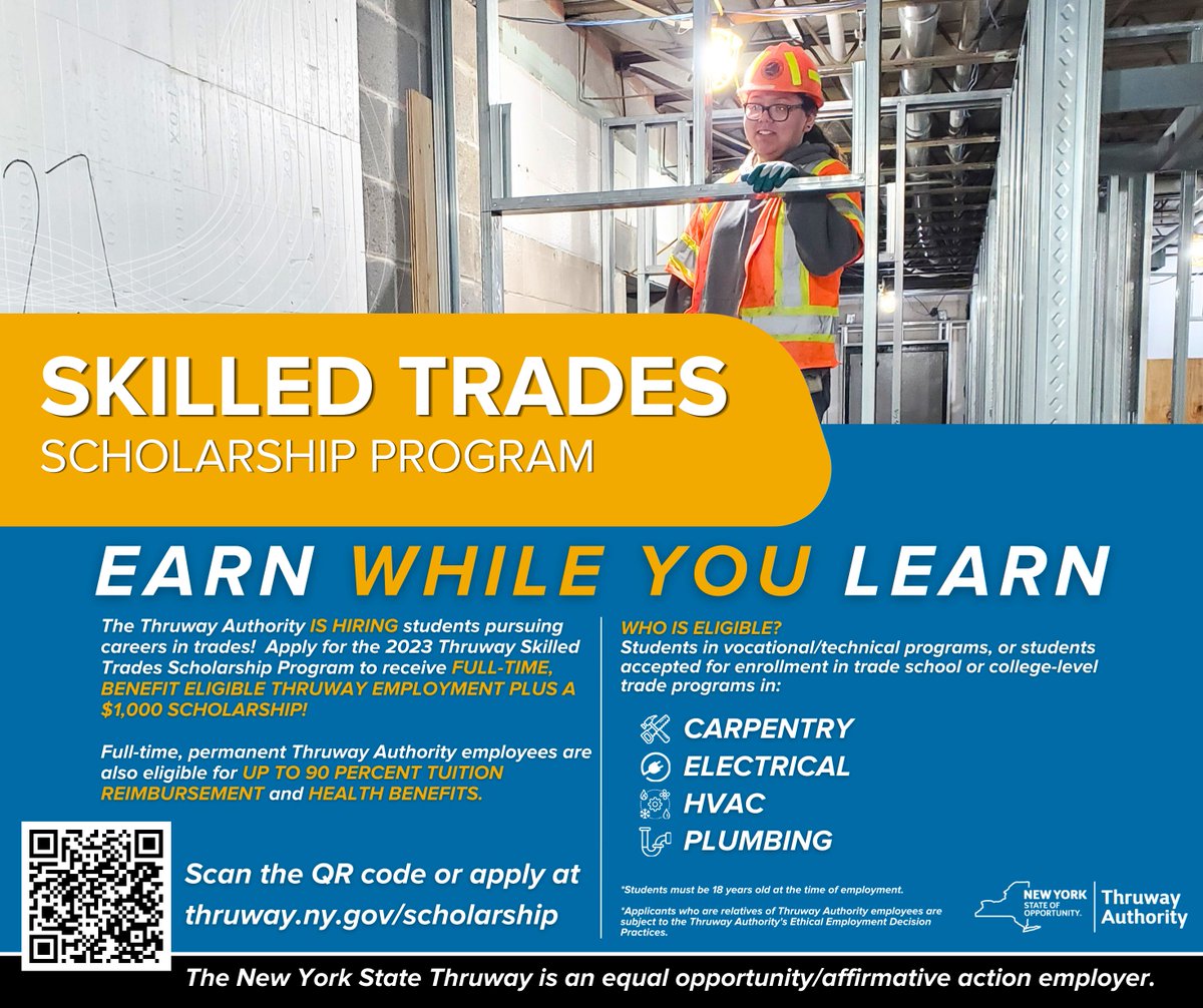 Today is National Skilled Trades Day. Students pursuing a career in trades can apply for a Thruway Skilled Trades Scholarship to receive FULL-TIME, BENEFIT ELIGIBLE THRUWAY EMPLOYMENT PLUS A $1,000 SCHOLARSHIP! 

Learn more at thruway.ny.gov/scholarship.

#SkilledTrades #Trades