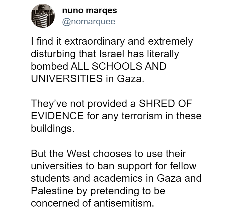 I wouldn’t blame students if they burnt universities to the ground. If Palestinians can’t have universities then why should we?