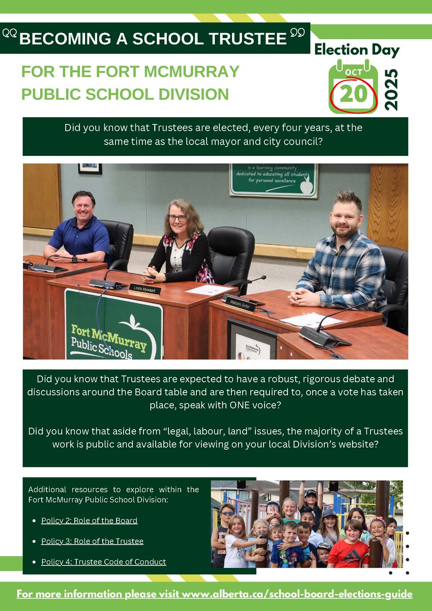 The FMPSD Board of Trustees is dedicated to upholding its responsibility to ensure student success. Learn more about the role of the Trustees: bit.ly/48Z24PC Interested in becoming a Trustee: 📧 traci.towe@fmpsd.ab.ca @annaleeskinner @LindaMywaart #FMPSD #YMM #RMWB