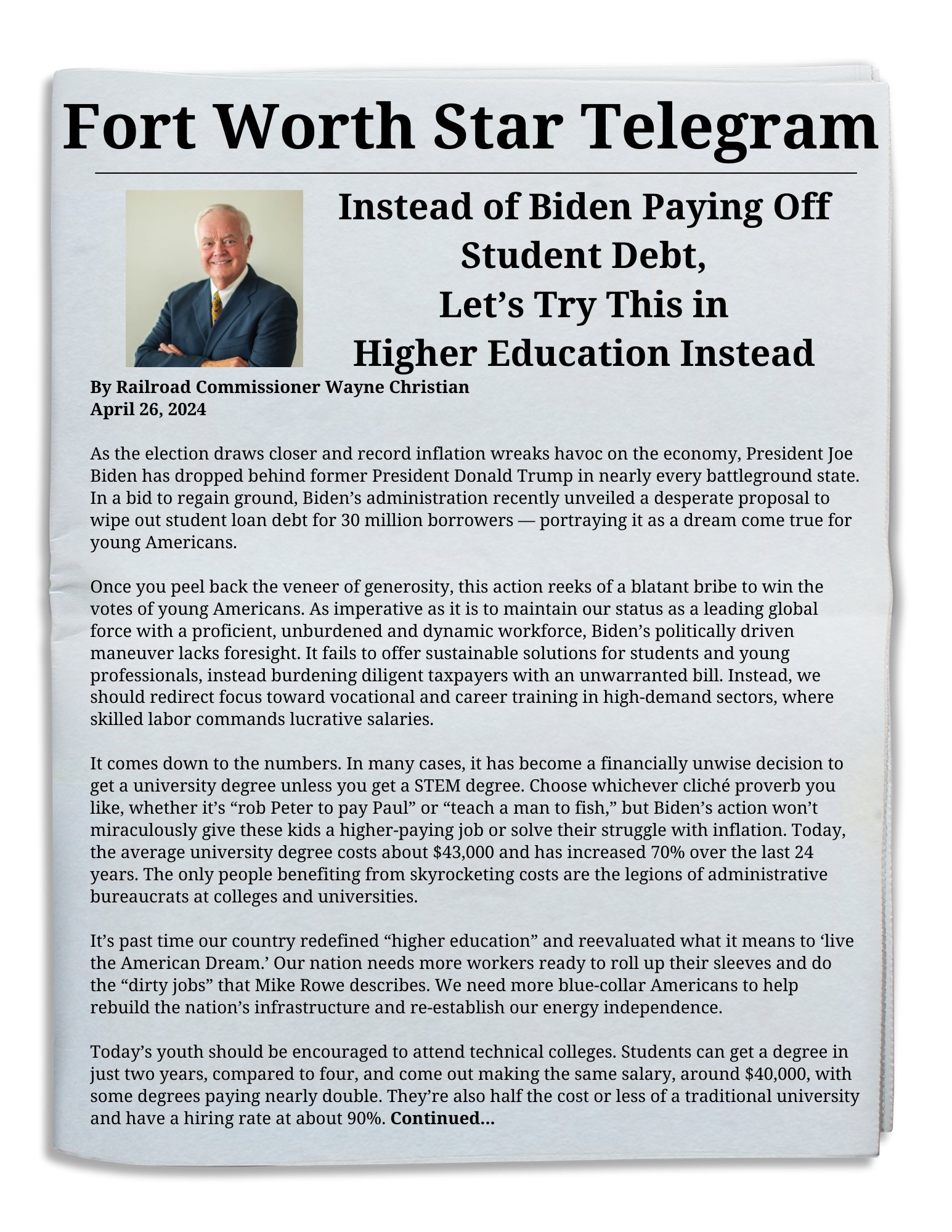 Wayne Christian on X: &ldquo;ICYMI - Check out my editorial on Biden&rsquo;s 