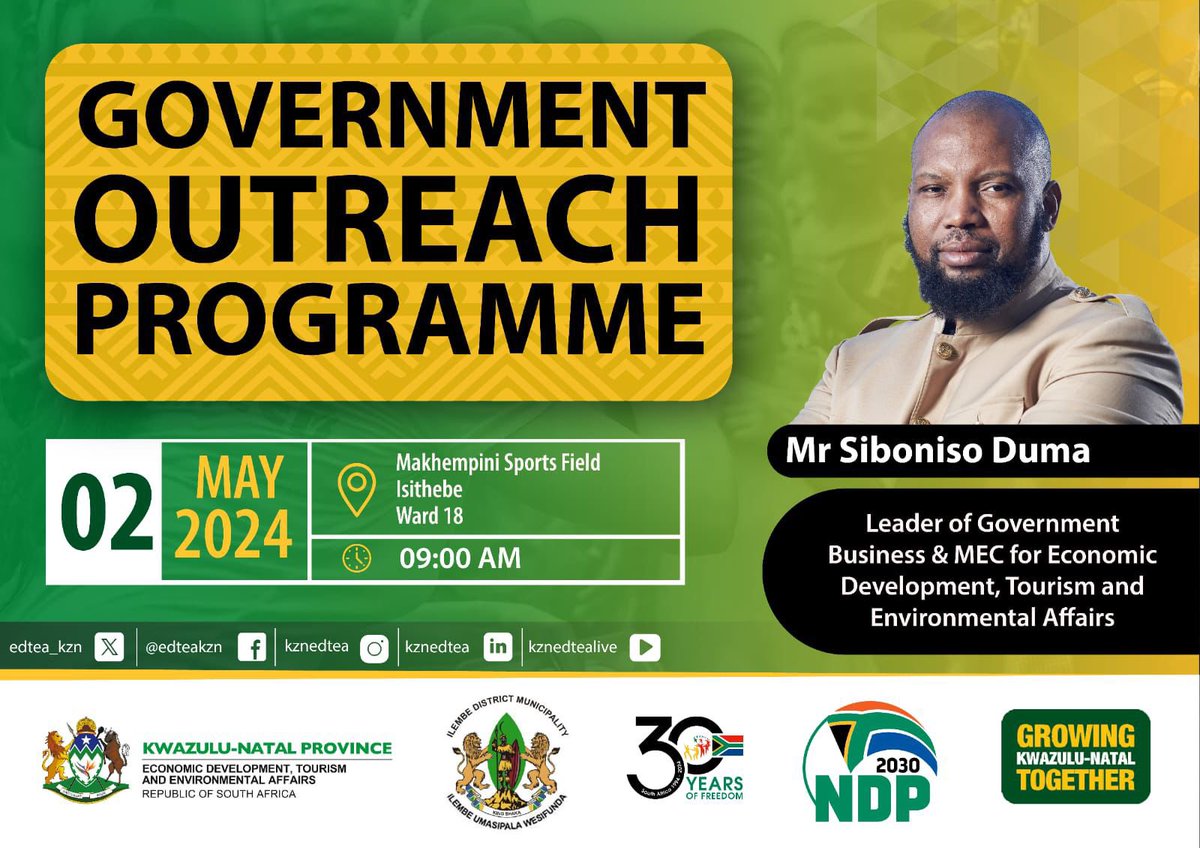 Join the Leader of Government Business and MEC for @edteakzn , Mr Siboniso Duma ,as he spearheads the Government Outreach Programme at Makhempini Sports Field Kwa Isithebe Ward 18 on May 2nd, 2024. Don't miss out on this enlightening event‼️ #HulumeniKubantu