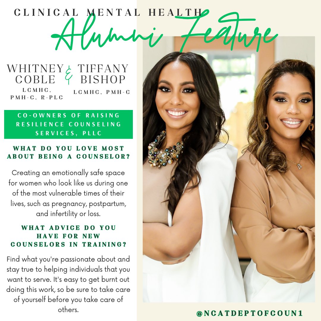 To kick off Mental Health Awareness Month, we have to start by highlighting our alumni working with the community! Let’s give a big #aggiepride welcome to both Whitney Coble and Tiffany Bishop, co-owners of @/raising.resilience 
We are so proud of you Aggie Counselors! 💙💛💚